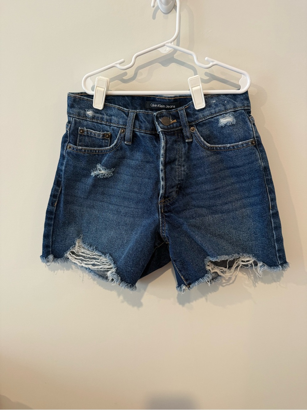 Calvin Klein Jeans Dark Blue Distressed Denim Cutoff Shorts
